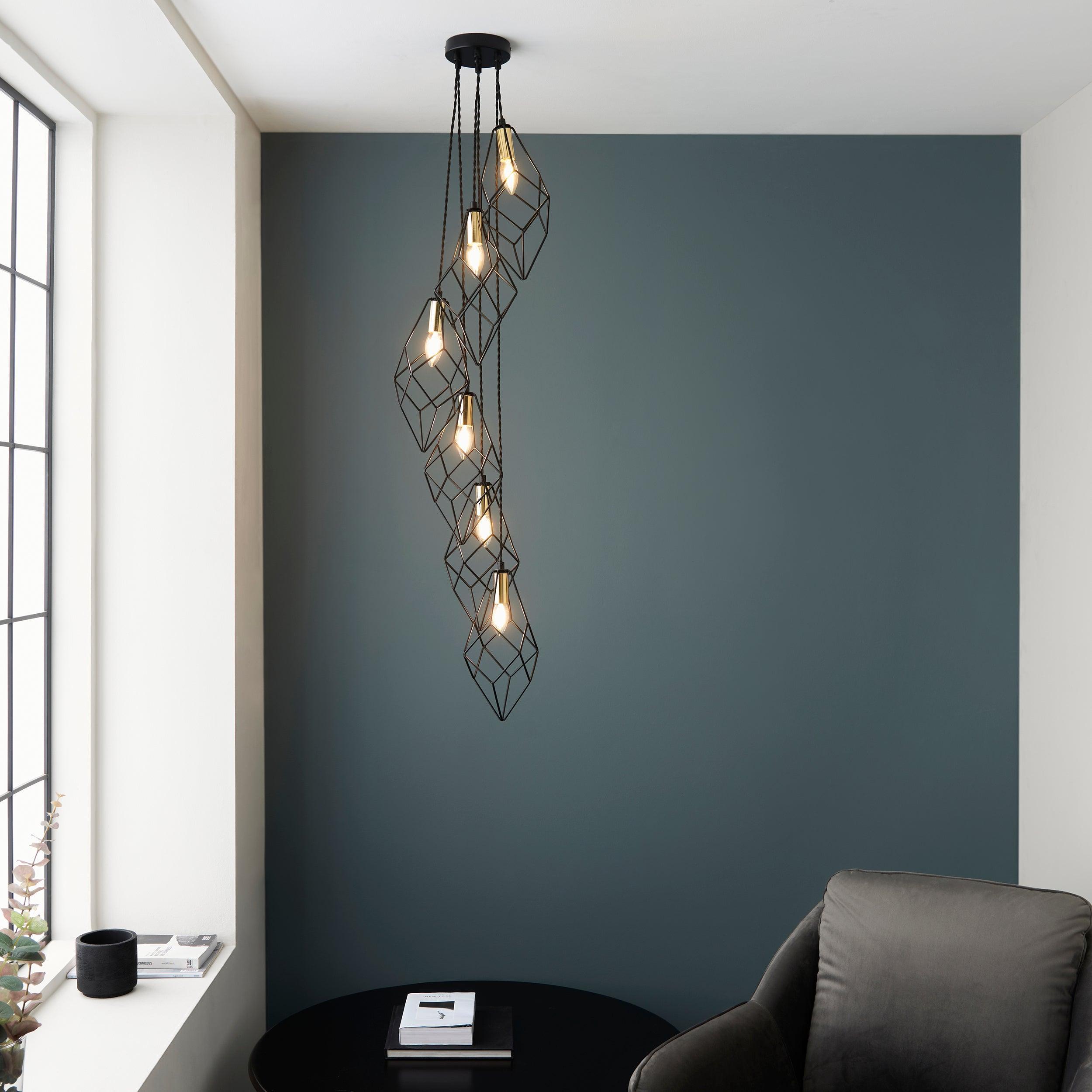 Endon Jaxon 6 Light Black Industrial Ceiling Pendant-Ceiling Pendant Lights-Endon Lighting Living Room Close Up Lighting Tiffany Lighting Direct