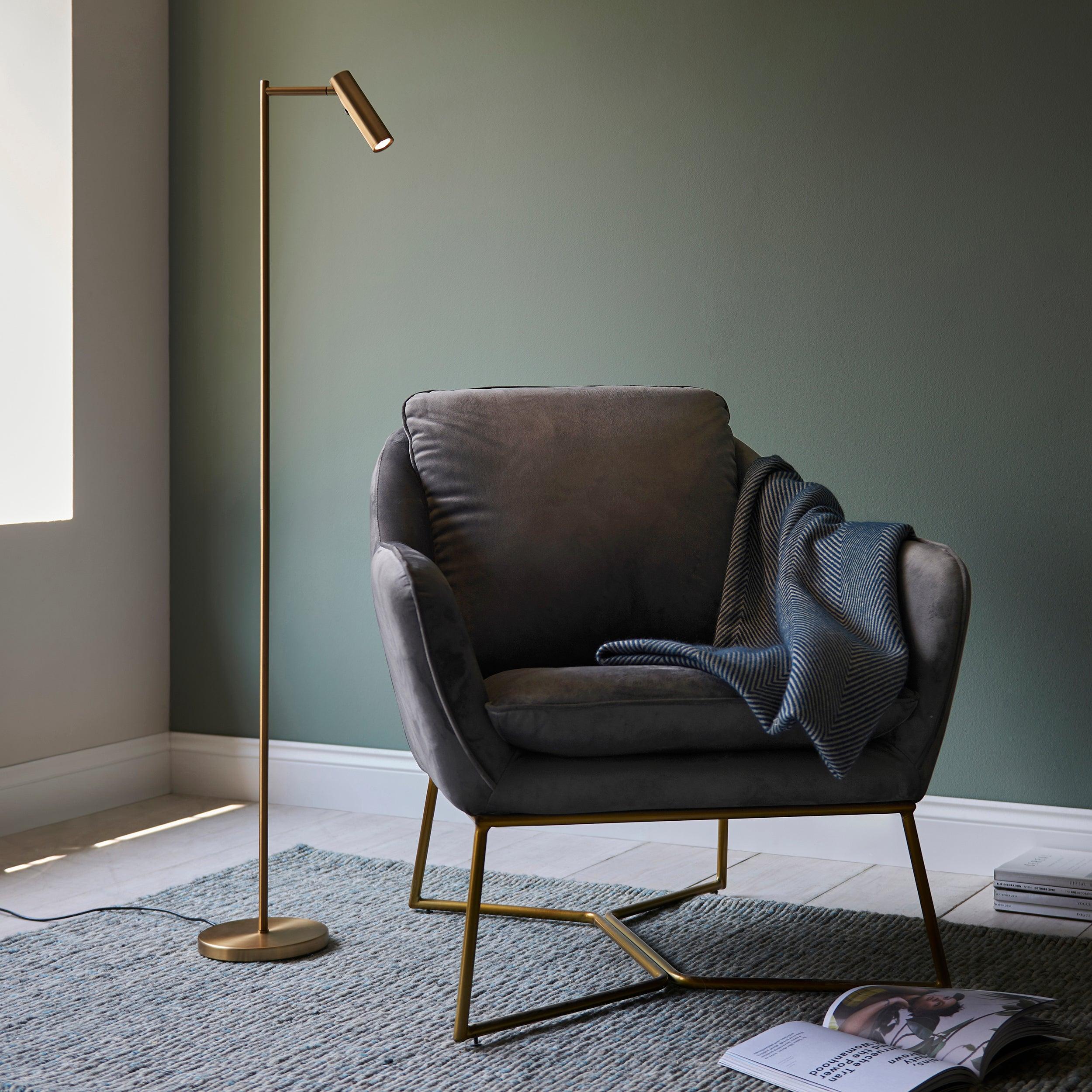 dedicated reader brass led floor lamp by Endon Lighting Living Room Close Up 44