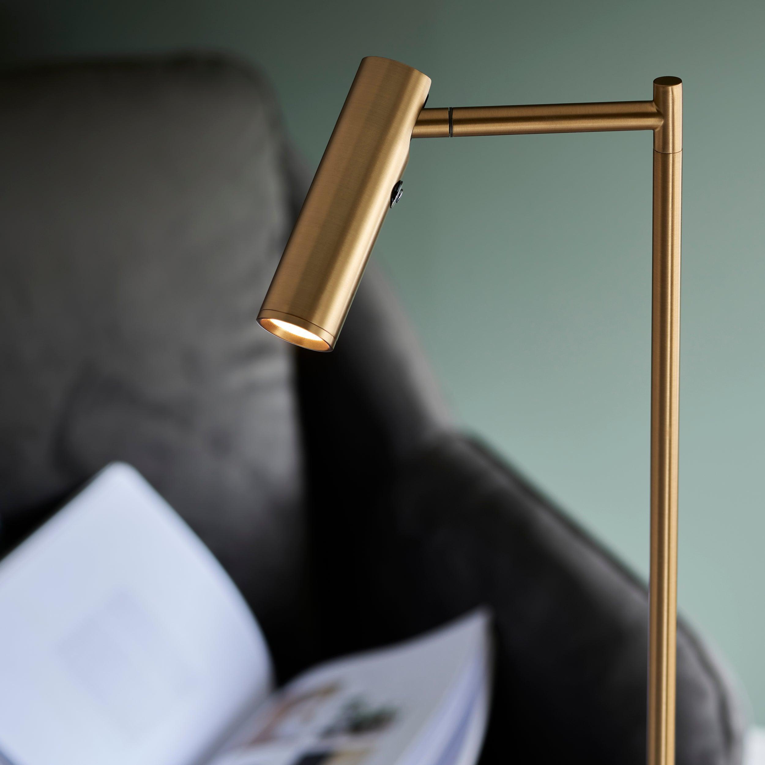 dedicated reader brass led floor lamp by Endon Lighting Living Room Family Shot