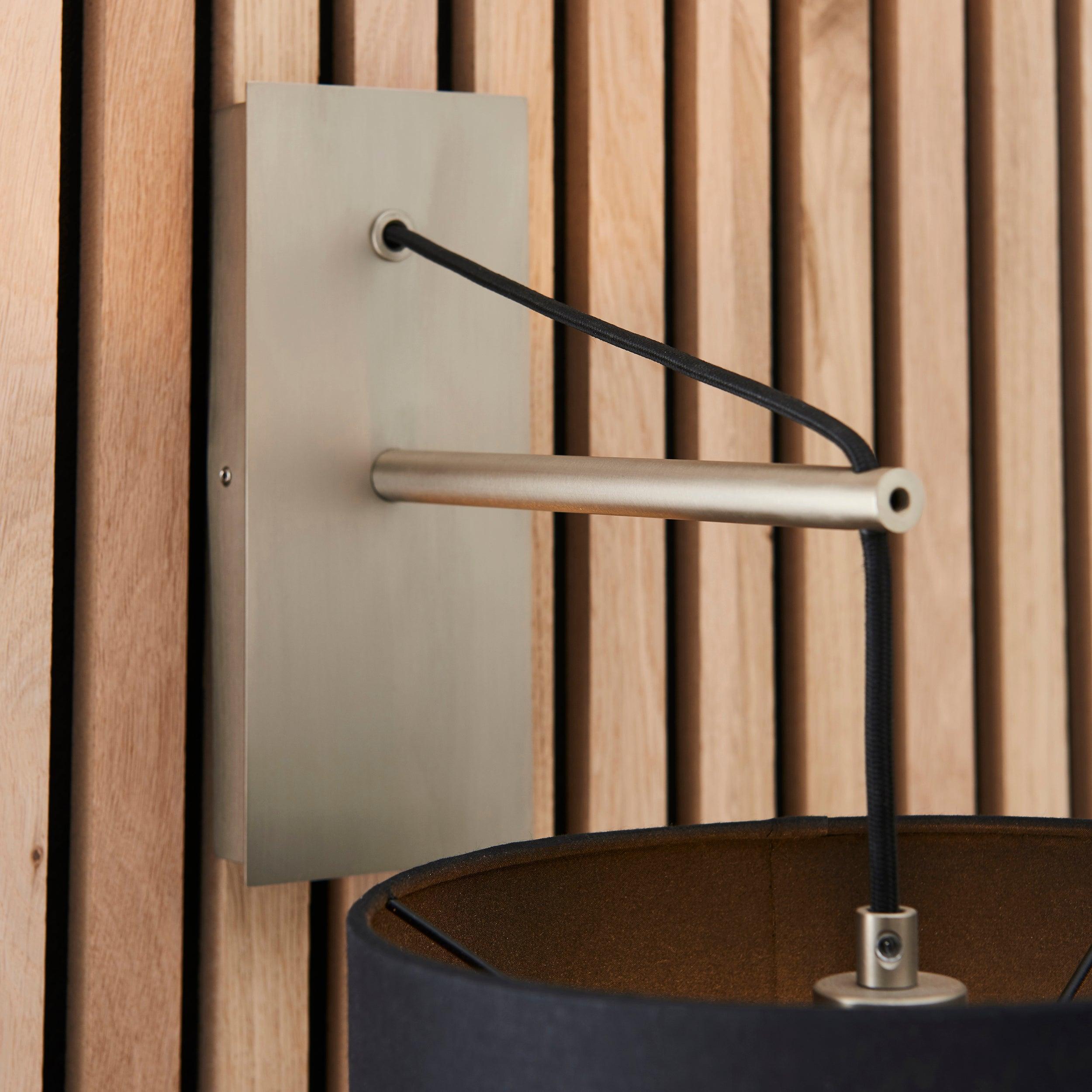 wimbledon matt nickel wall light with black shade Close Up Lit Image