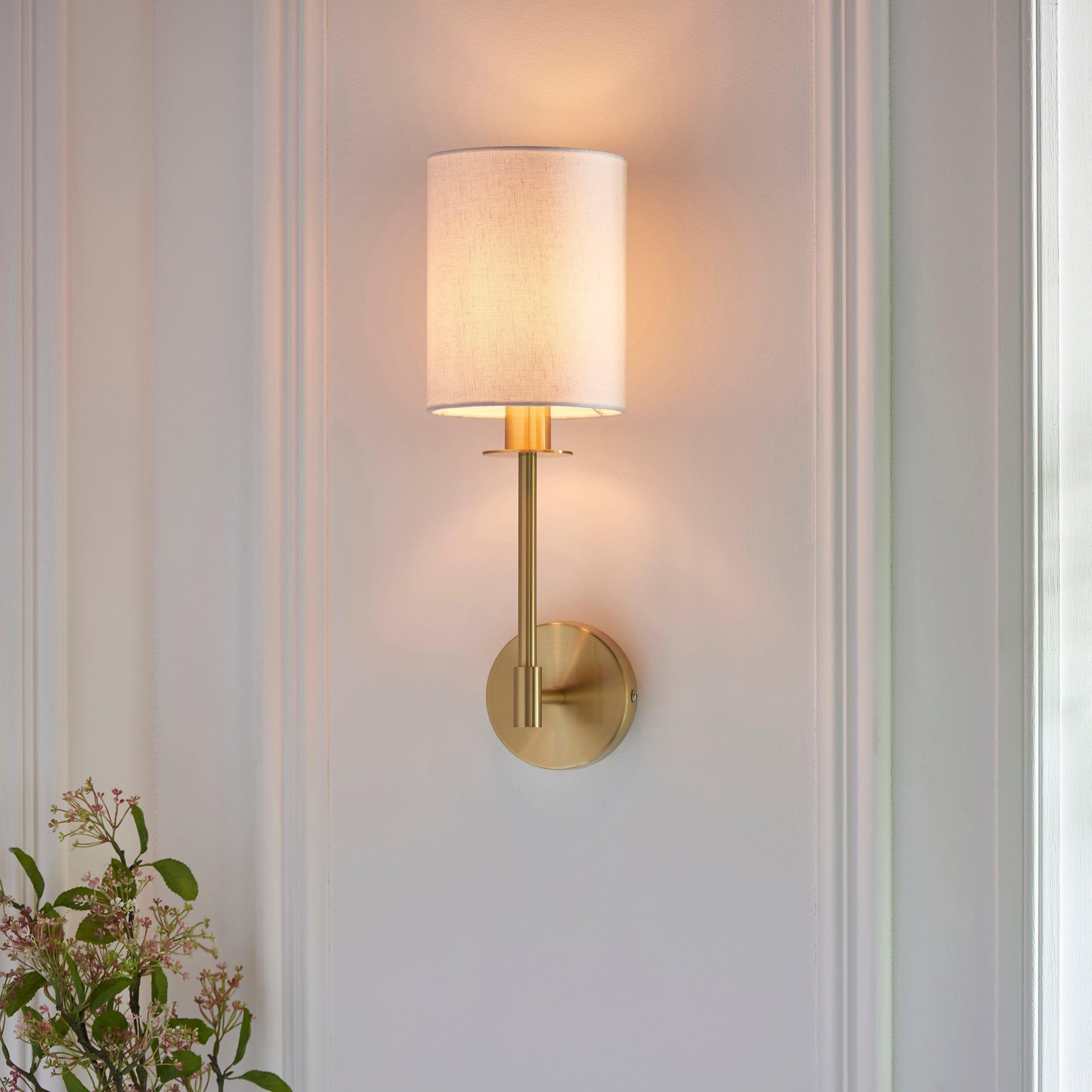 Martine Brass Wall Light With Vintage White Shade Wide Living Room Image