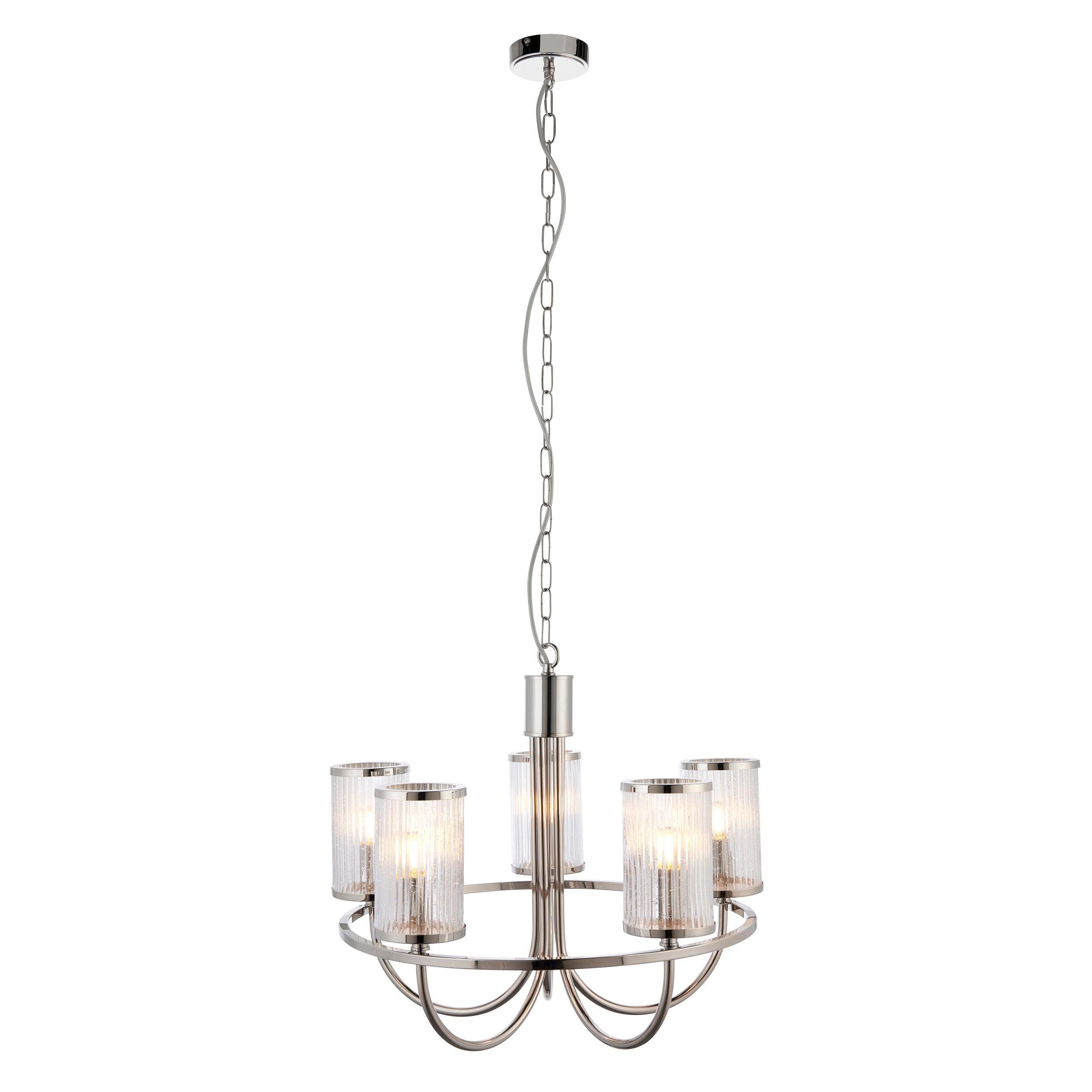 Metropolis 5 Light Nickel & Ribbed Glass Shades Pendant-Ceiling Pendant Lights-Living Lights hallway lighting photo Tiffany Lighting Direct
