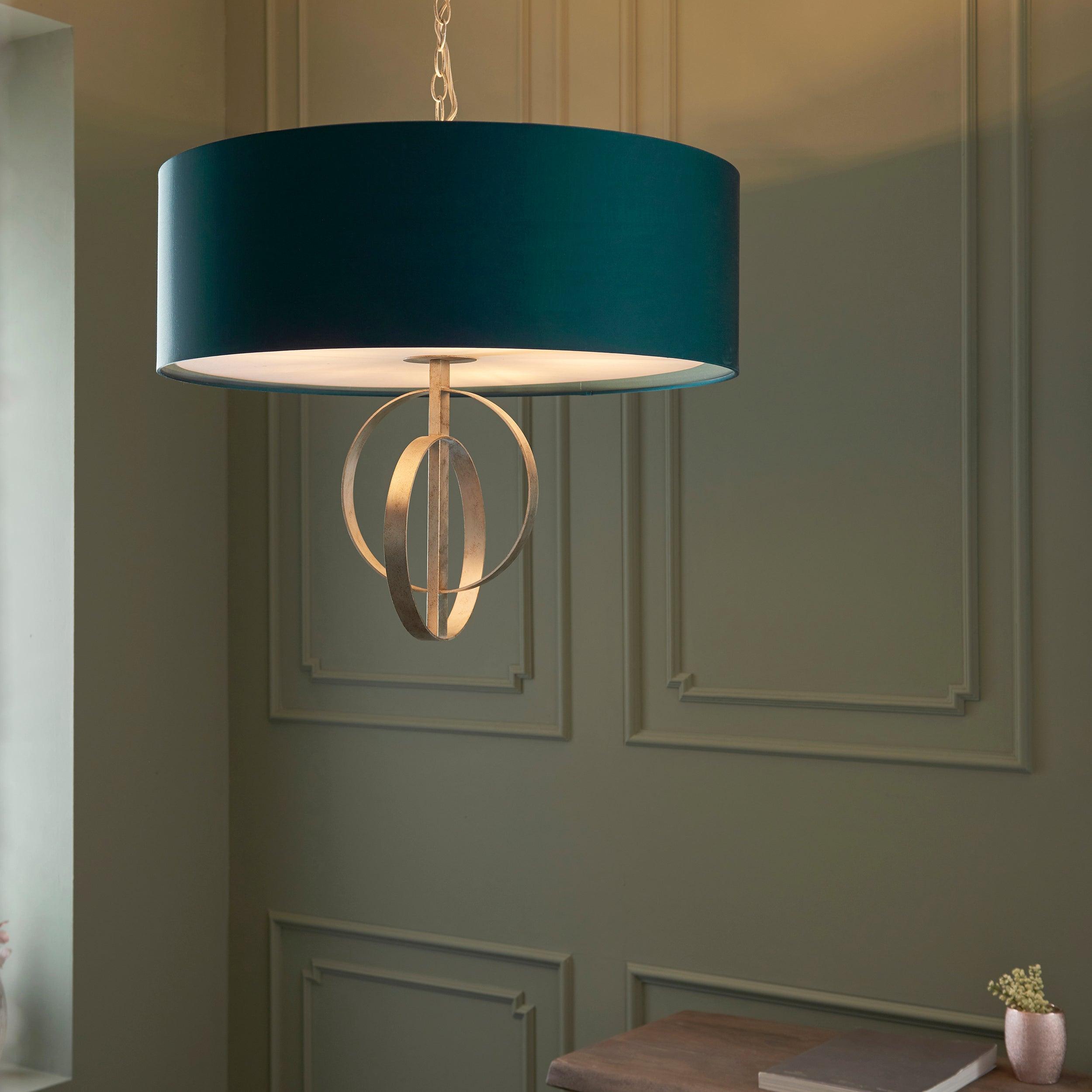 Norfolk Extra Large 5 Light Silver Leaf Pendant - Teal Shade-Ceiling Pendant Lights-Living Lights-3-Tiffany Lighting Direct