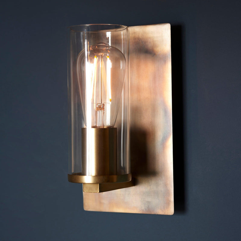 Vauxhall Modern Brass Patina Wall Light - Glass Shade Close Up Image