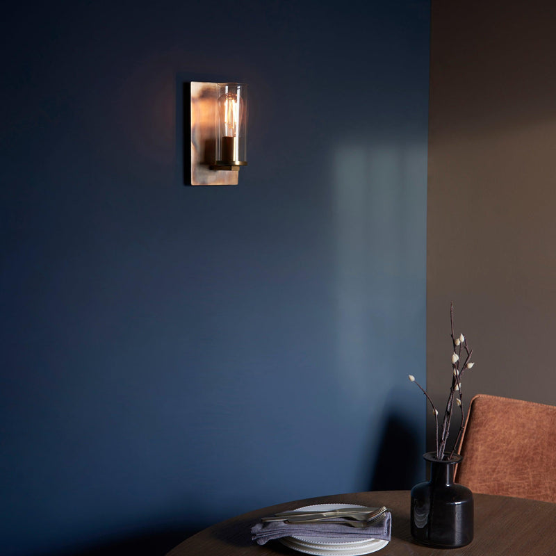 Vauxhall Modern Brass Patina Wall Light - Glass Shade Wide Living Room Image