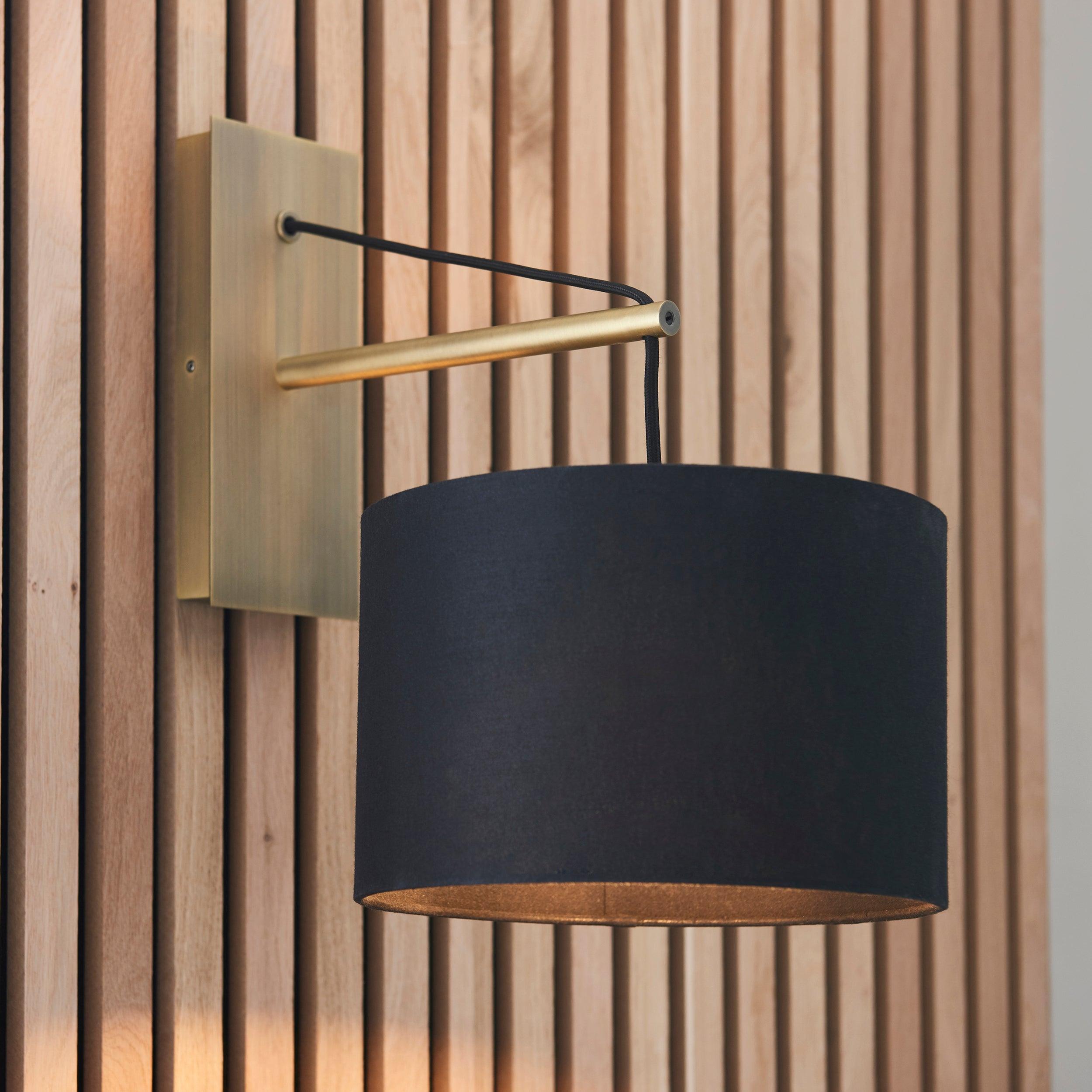 Wimbledon Matt Brass Wall Light With Black Shade Close Up Image
