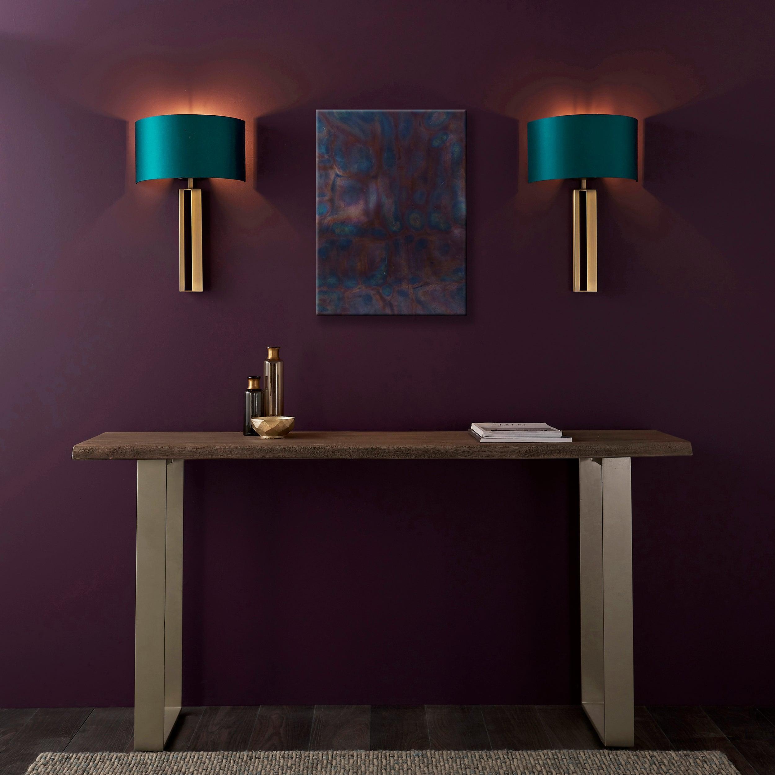 Venice Brass Art Deco Wall Light with Teal Shade Wide Living Room Image