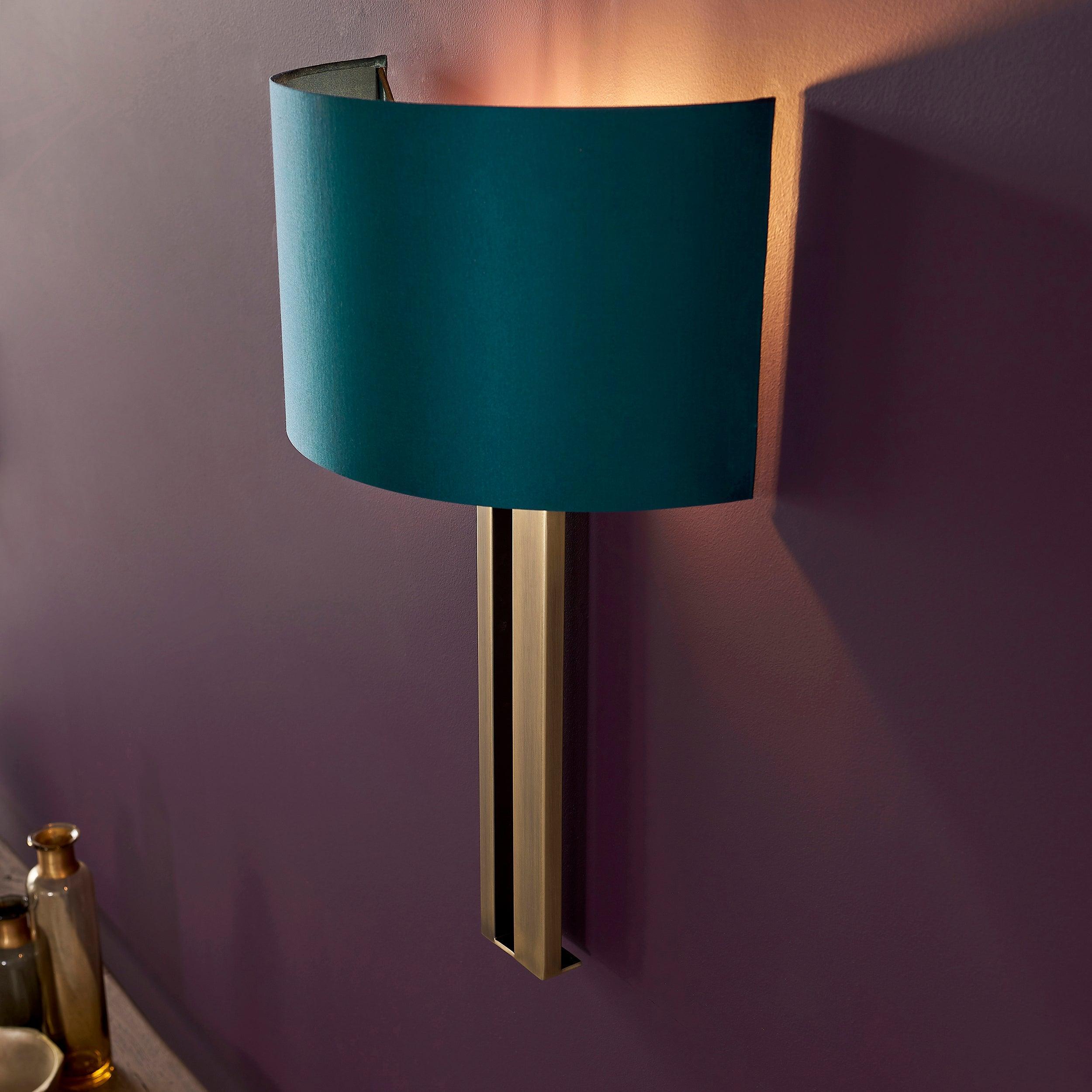 Venice Brass Art Deco Wall Light with Teal Shade  Living Room Close Up