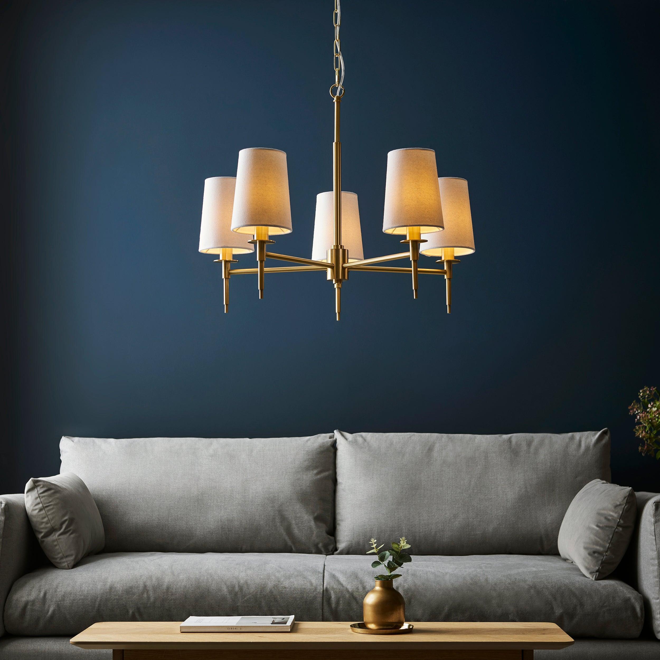 Kensington 5 Light Brass Pendant With White Tapered Shades-Ceiling Pendant Lights-Living Lights-3-Tiffany Lighting Direct