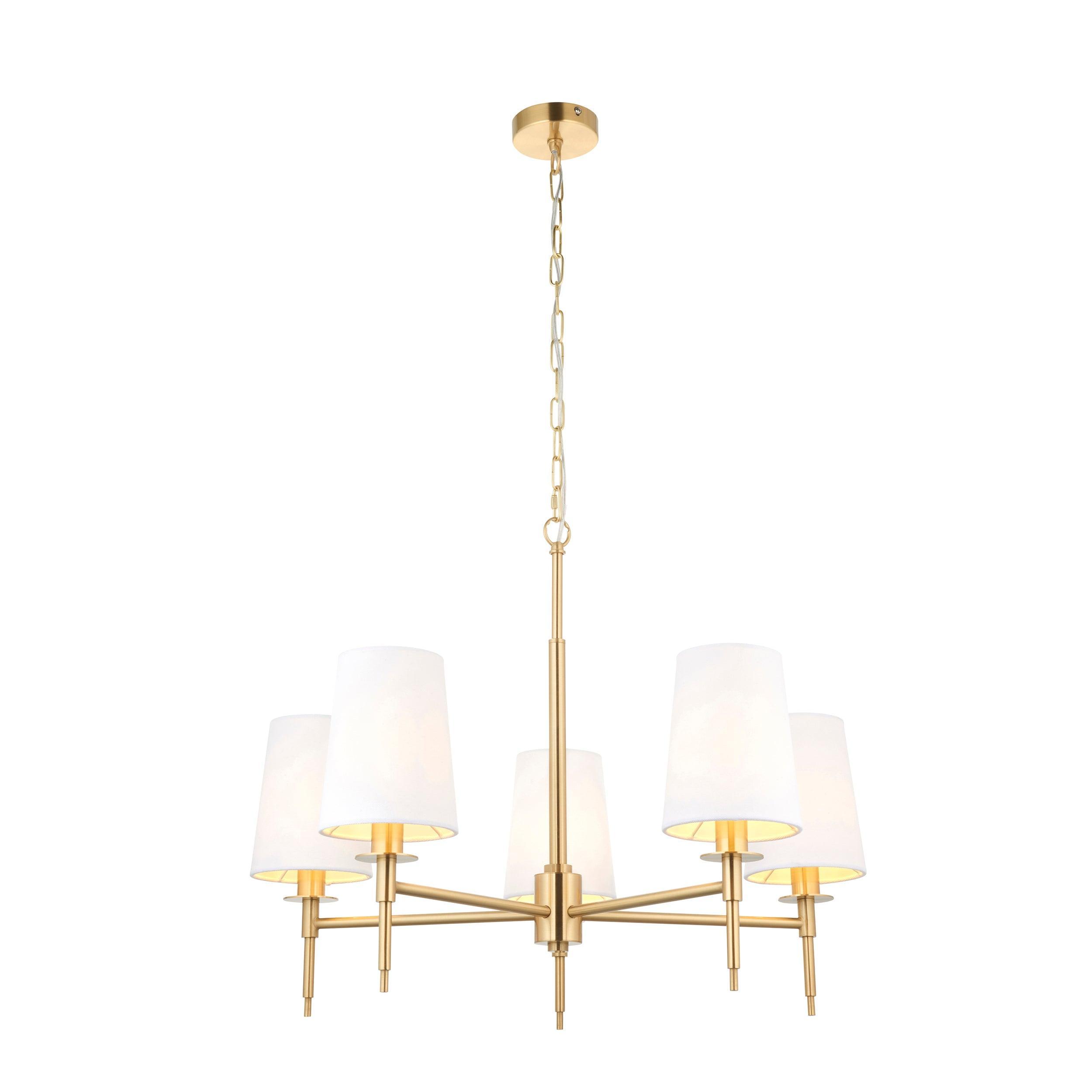 Kensington 5 Light Brass Pendant With White Tapered Shades-Ceiling Pendant Lights-Living Lights-8-Tiffany Lighting Direct