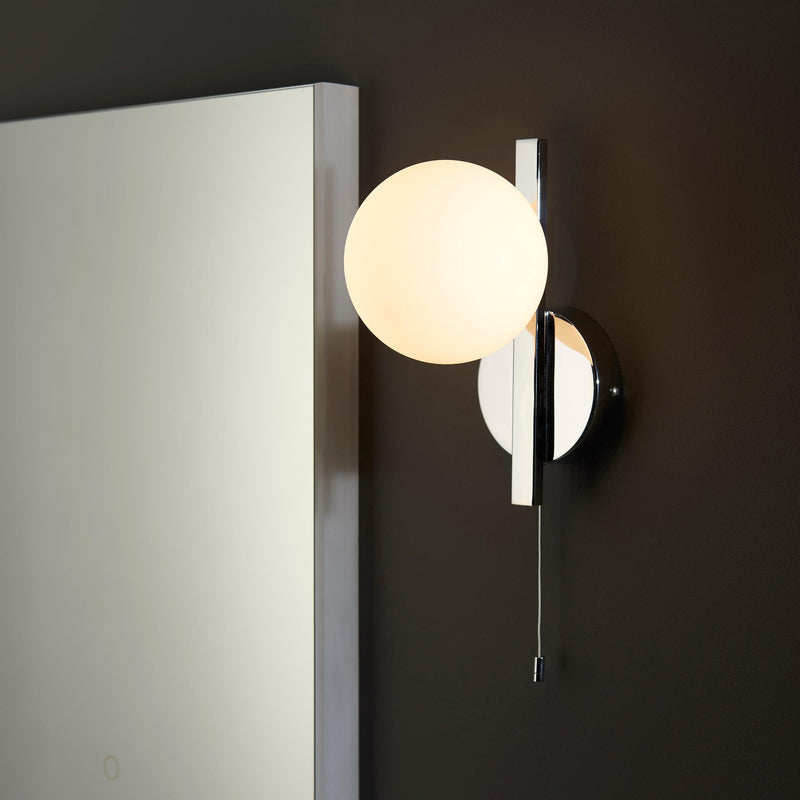 Pendle Chrome & Opal Glass Bathroom Wall Light - Pull Cord