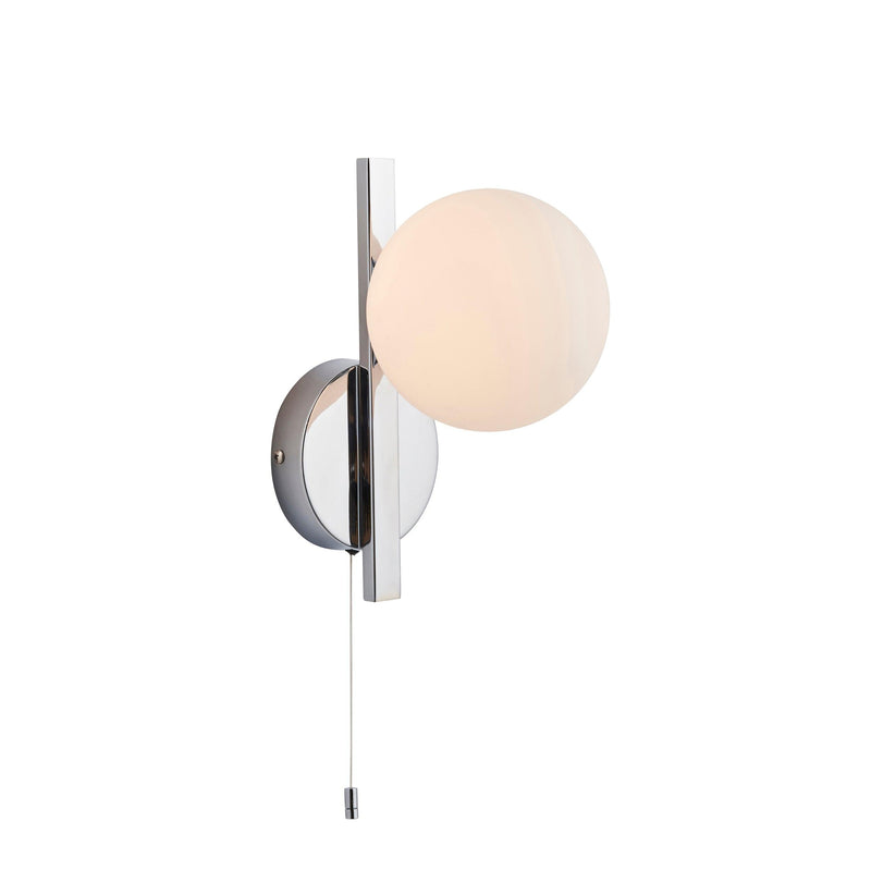 Pendle Chrome & Opal Glass Bathroom Wall Light - Pull Cord