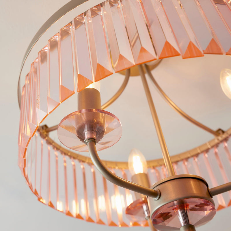 Ealing 3 Light Round Champagne & Pink Cut Glass Semi Flush Living room close up