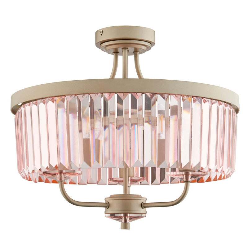 Ealing 3 Light Round Champagne & Pink Cut Glass Semi Flush Living room dimmable image