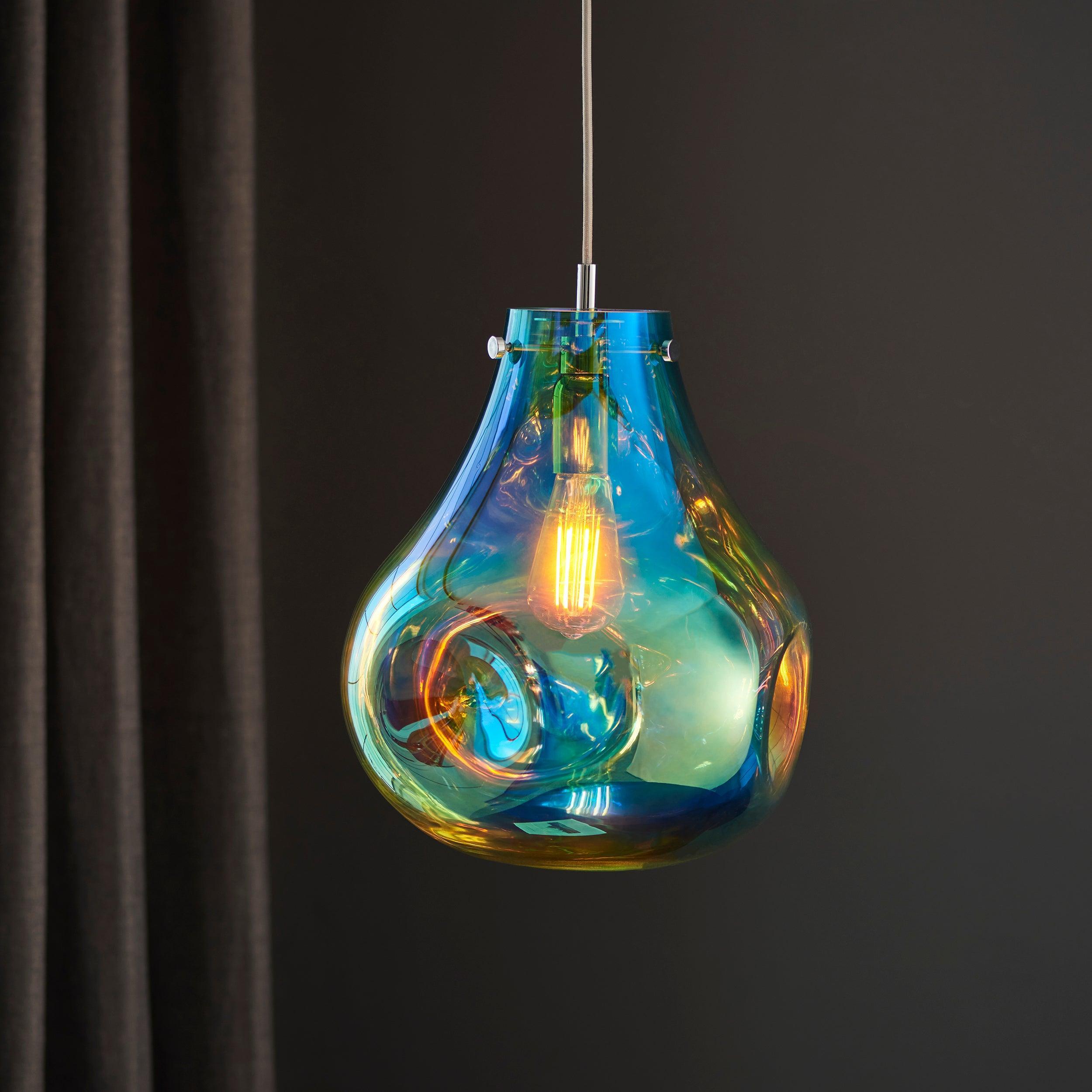 Dazzle Large Blown Petrol Glass & Chrome Pendant Light-Ceiling Pendant Lights-Living Lights-2-Tiffany Lighting Direct