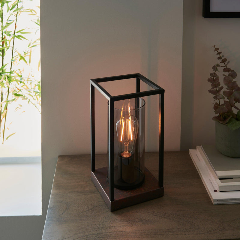 Solihull Bronze & Black Frame Table Lamp - Tinted Glass Shade