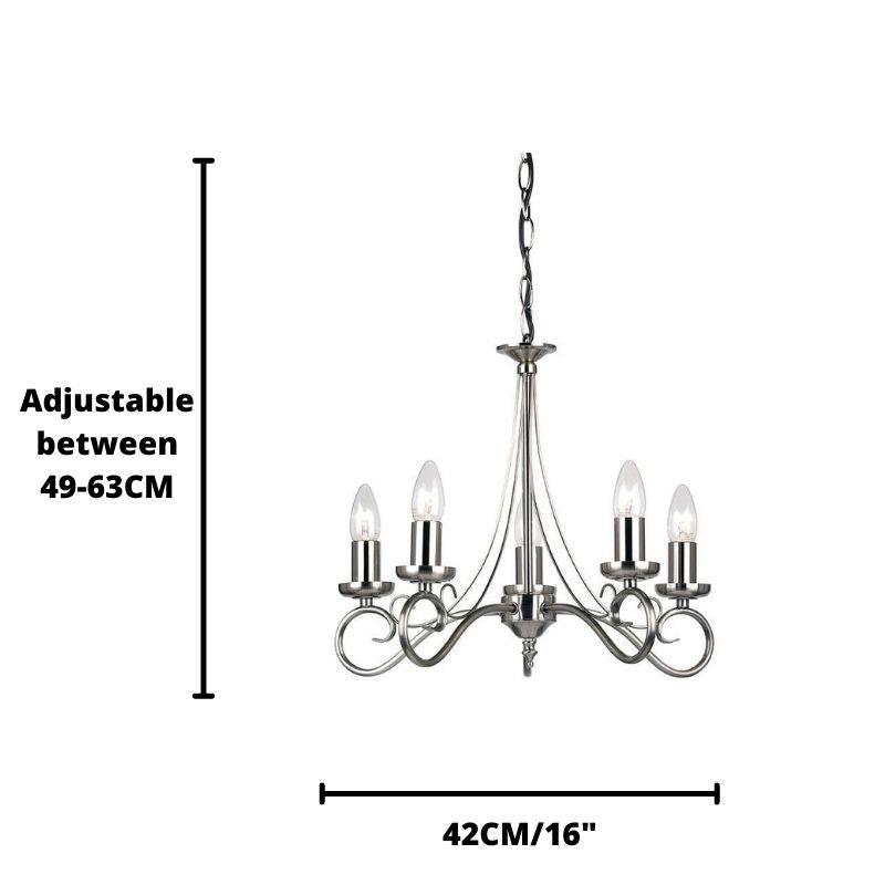 Trafford Antique Silver Finish 5 Light Chandelier size guide