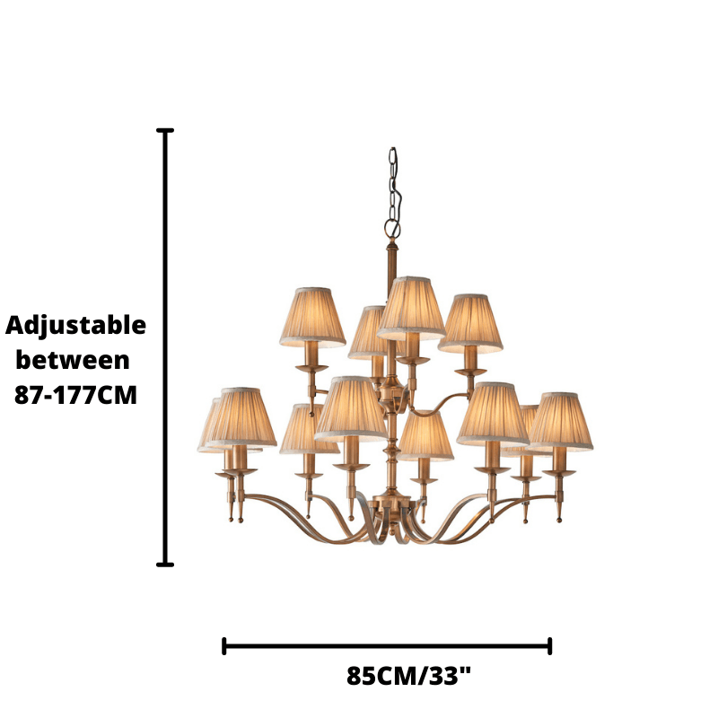 Stanford 12 Light Antique Brass Chandelier With Beige Shades-Interiors 1900-3-Tiffany Lighting Direct