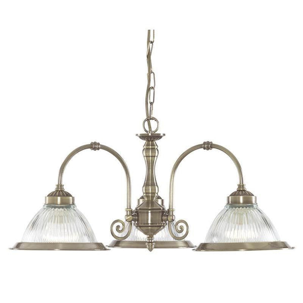 Art Deco Ceiling Lights - Searchlight American Diner Antique Brass Finish And Clear Ribbed Glass 3 Light Pendant Ceiling Light 9343-3