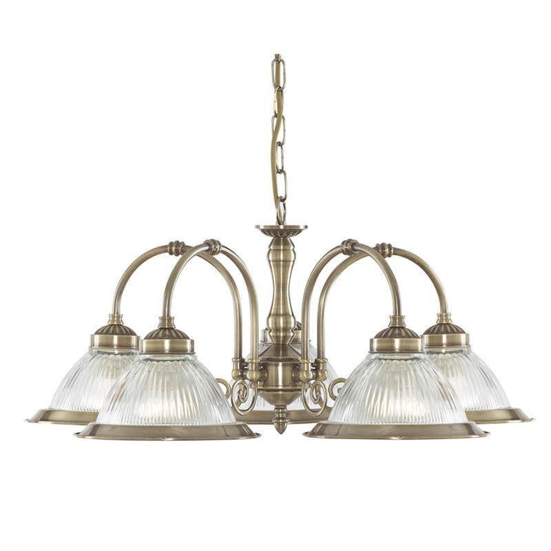 Art Deco Ceiling Lights - Searchlight American Diner Antique Brass Finish And Clear Ribbed Glass 5 Light Pendant Ceiling Light 9345-5