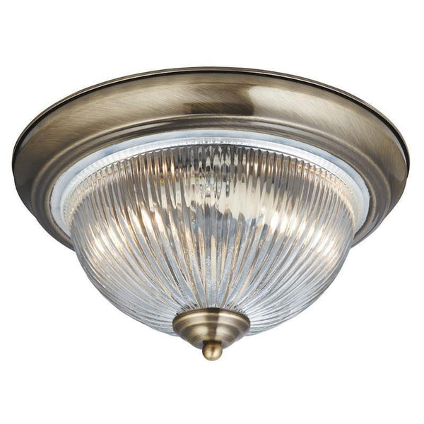 Art Deco Ceiling Lights - Searchlight American Diner Antique Brass Finish And Clear Ribbed Glass Flush Ceiling Light 4370