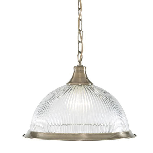 Art Deco Ceiling Lights - Searchlight American Diner Antique Brass Finish And Clear Ribbed Glass Pendant Ceiling Light 9369