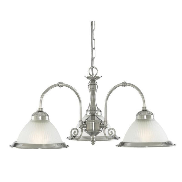 Art Deco Ceiling Lights - Searchlight American Diner Satin Silver Finish And Acid Ribbed Glass 3 Light Pendant Ceiling Light 1043-3