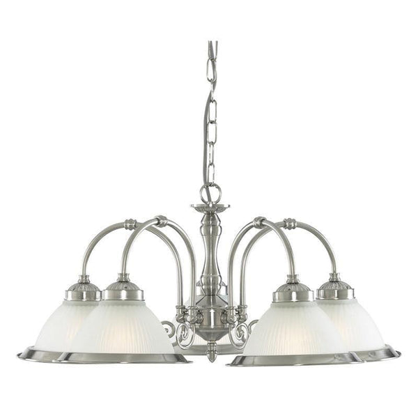 Art Deco Ceiling Lights - Searchlight American Diner Satin Silver Finish And Acid Ribbed Glass 5 Light Pendant Ceiling Light 1045-5