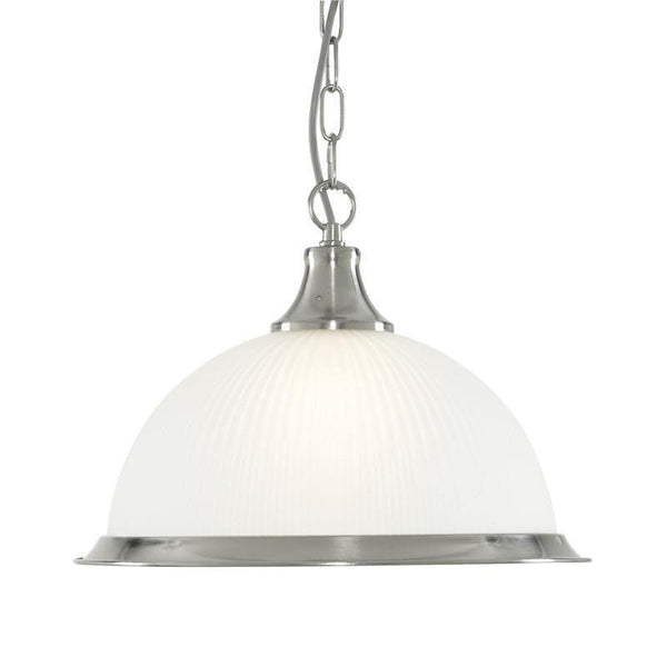 Art Deco Ceiling Lights - Searchlight American Diner Satin Silver Finish And Acid Ribbed Glass Pendant Ceiling Light 1044