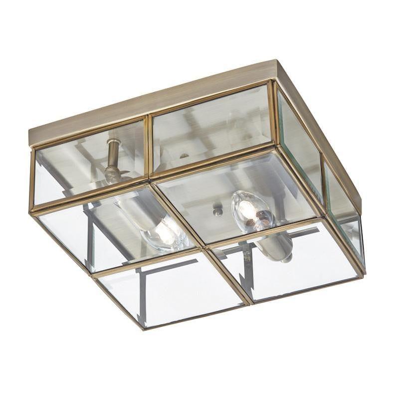 Art Deco Ceiling Lights - Searchlight Antique Brass Finish And Bevelled Glass Square Flush Ceiling Light 6769-26AB