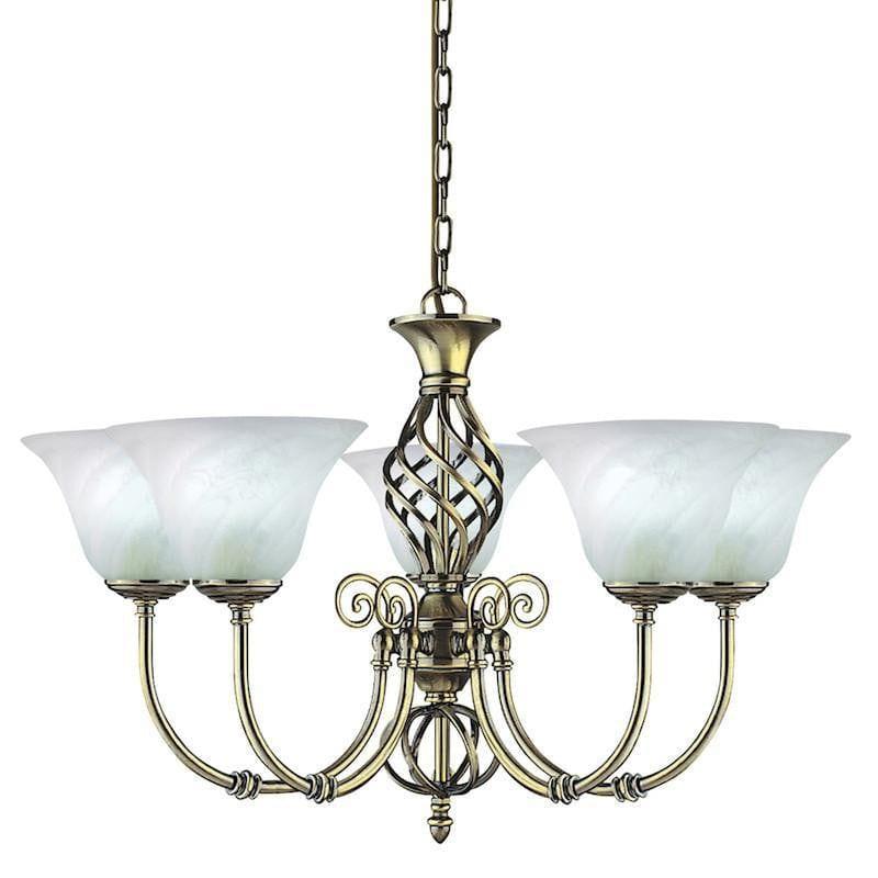 Art Deco Ceiling Lights - Searchlight Cameroon  Antique Brass Finish And Marble Glass 5 Light Pendant Ceiling Light 975.5