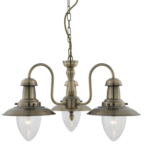 Art Deco Ceiling Lights - Searchlight Fisherman Antique Brass Finish And Seeded Glass 3 Light Pendant Ceiling Light