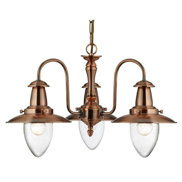 Art Deco Ceiling Lights - Searchlight Fisherman Copper Finish And Seeded Glass 3 Light Pendant Ceiling Light