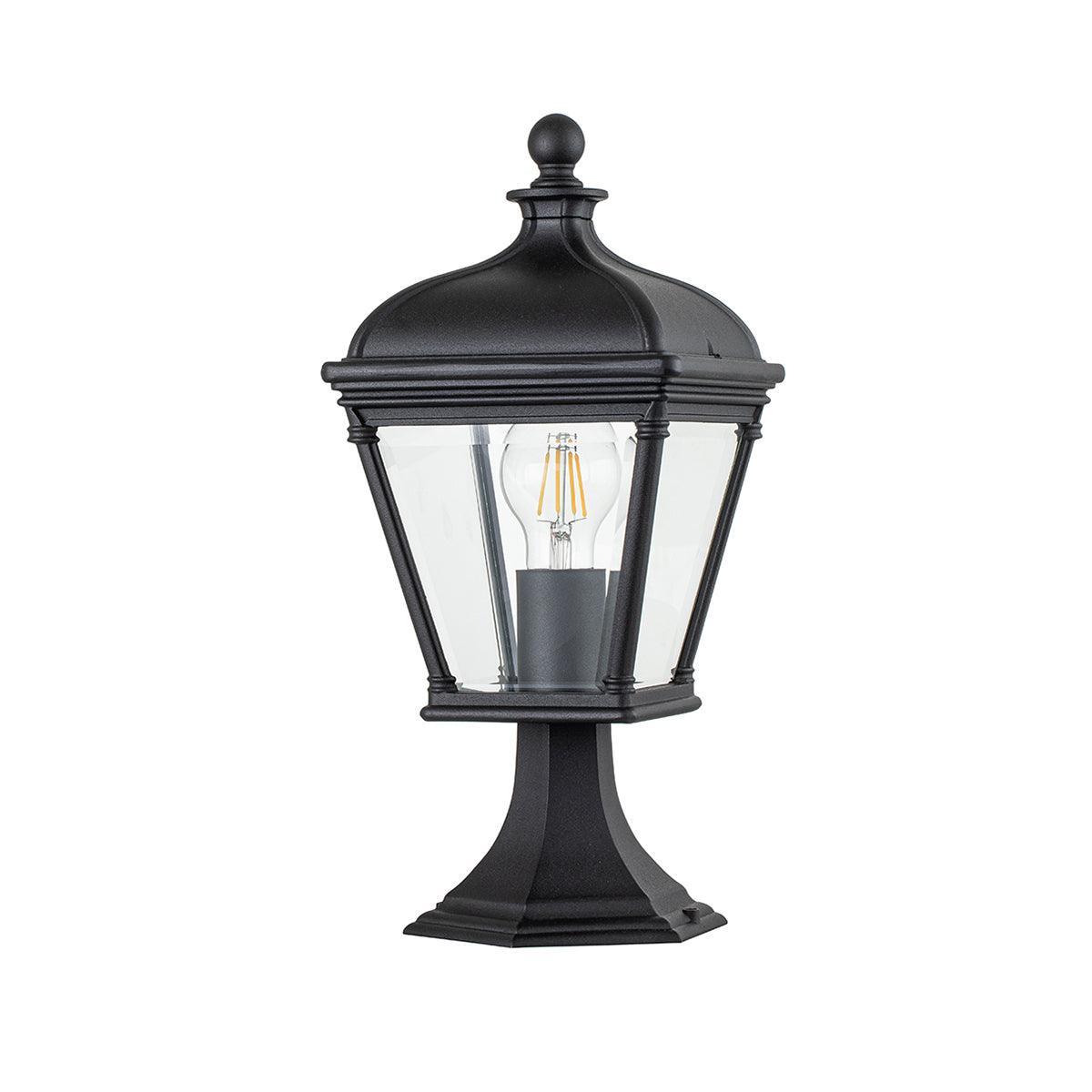 elstead bayview medium black outdoor pedestal lantern Close Up LED Bulb