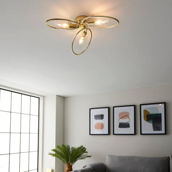 Amari 3 Light Semi Flush Polished Brass Ceiling Light Endon Living room weight image