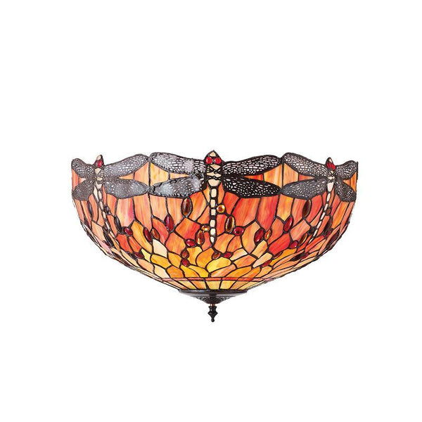 Flame Dragonfly Large Tiffany Flush Ceiling Light