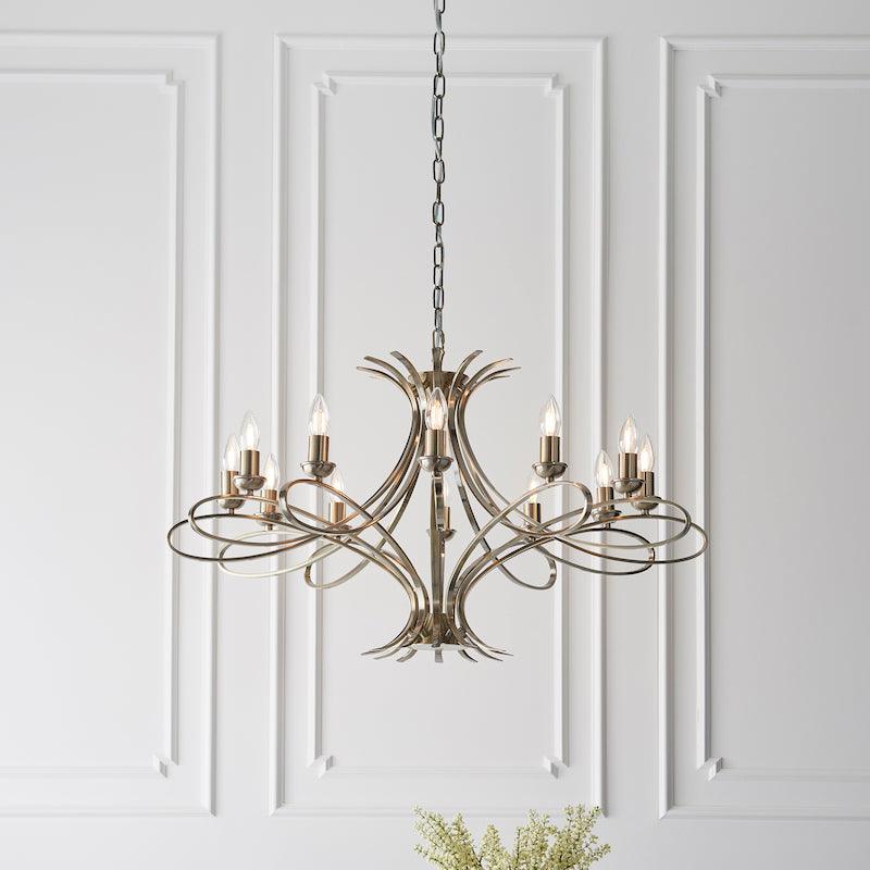 penn 12 light brass chandelier living room shot