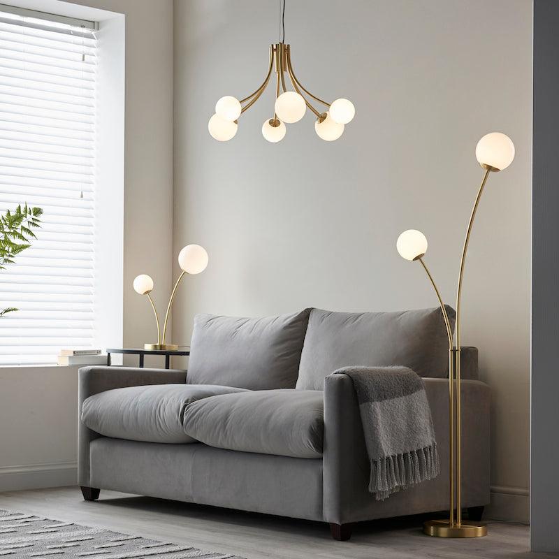 Bloom 2 light brass Floor Lamp by Endon Lighting living room family shot
