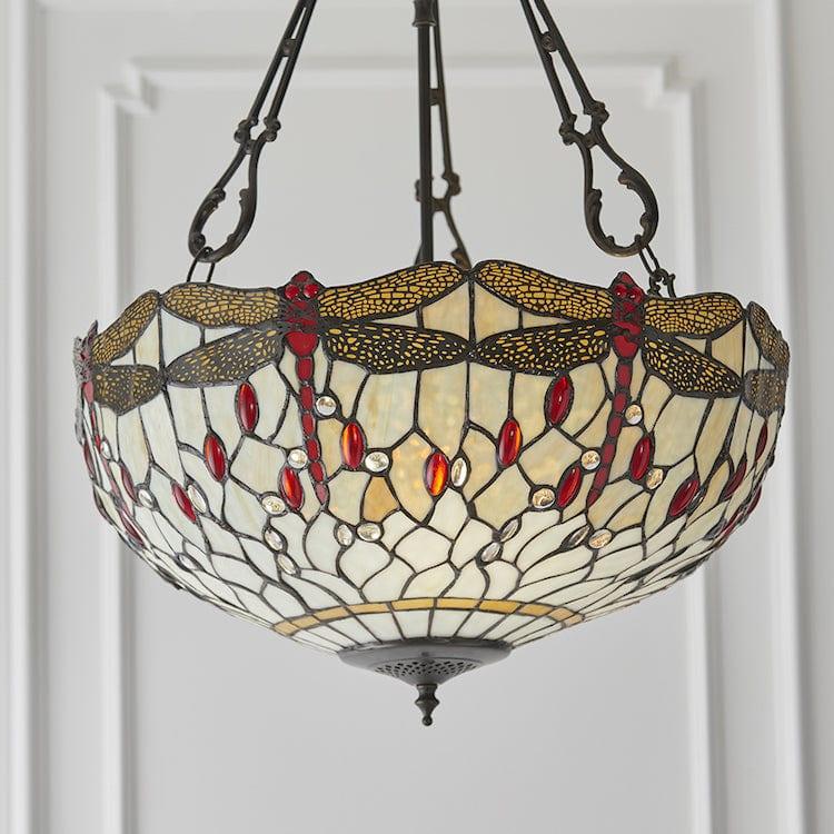 Beige Dragonfly 50cm Inverted Tiffany Ceiling Light - Fancy Chain