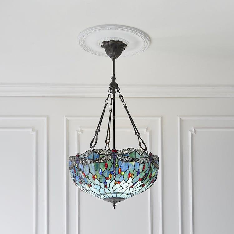 Blue Dragonfly Large Inverted Tiffany Ceiling Light (Fancy Chain)