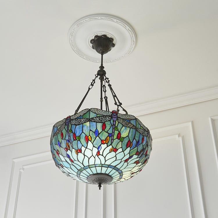 Blue Dragonfly Large Inverted Tiffany Ceiling Light (Fancy Chain)