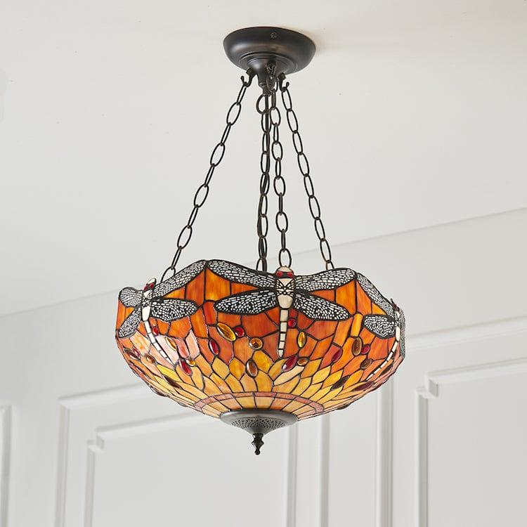 Flame Dragonfly Medium Inverted Tiffany Ceiling Light