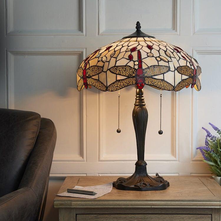 Interiors 1900 Beige Dragonfly Tiffany Table Lamp - Pull Cord