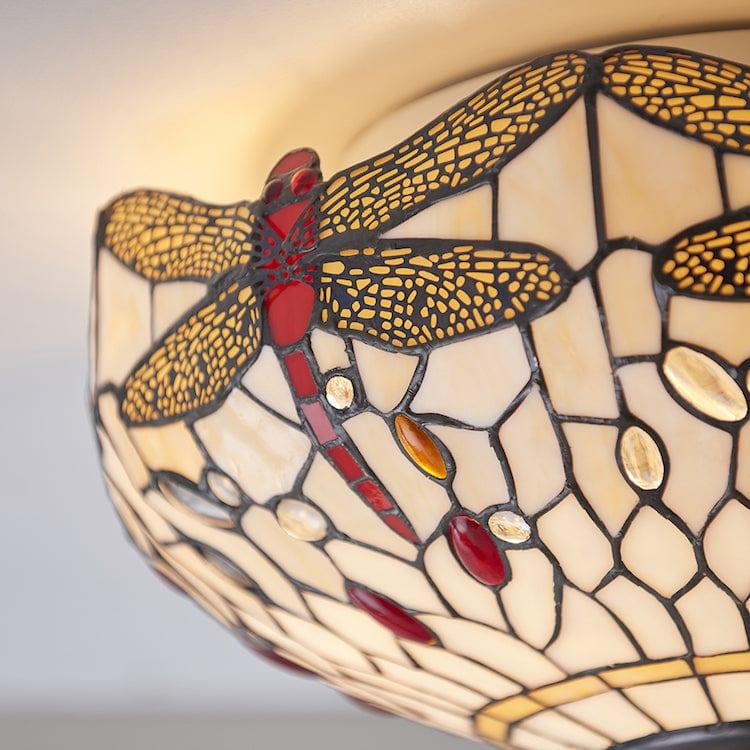 Beige Dragonfly Medium Flush Tiffany Ceiling Light