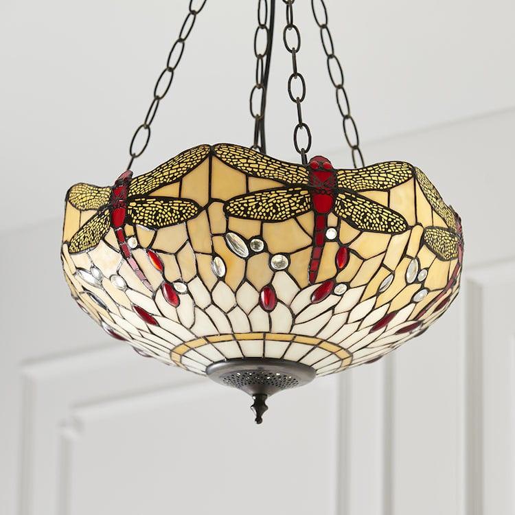 Beige Dragonfly Inverted Tiffany Ceiling Light