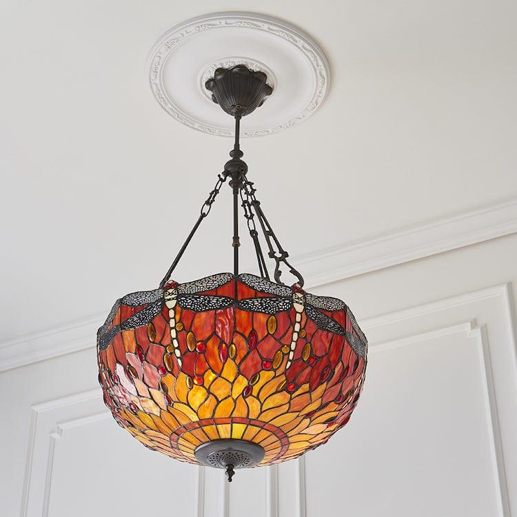 Flame Dragonfly 50cm Inverted Tiffany Ceiling Light - Fancy Chain