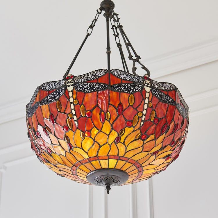 Flame Dragonfly 50cm Inverted Tiffany Ceiling Light - Fancy Chain
