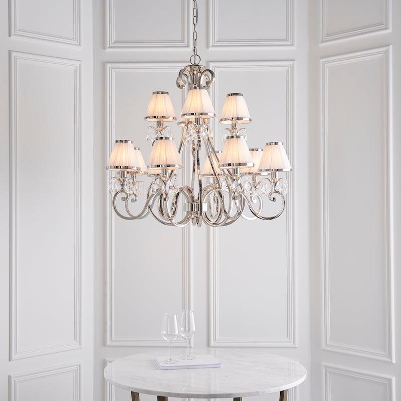 Oksana Polished Nickel 12 Light Chandelier With White Shades-Interiors 1900-7-Tiffany Lighting Direct