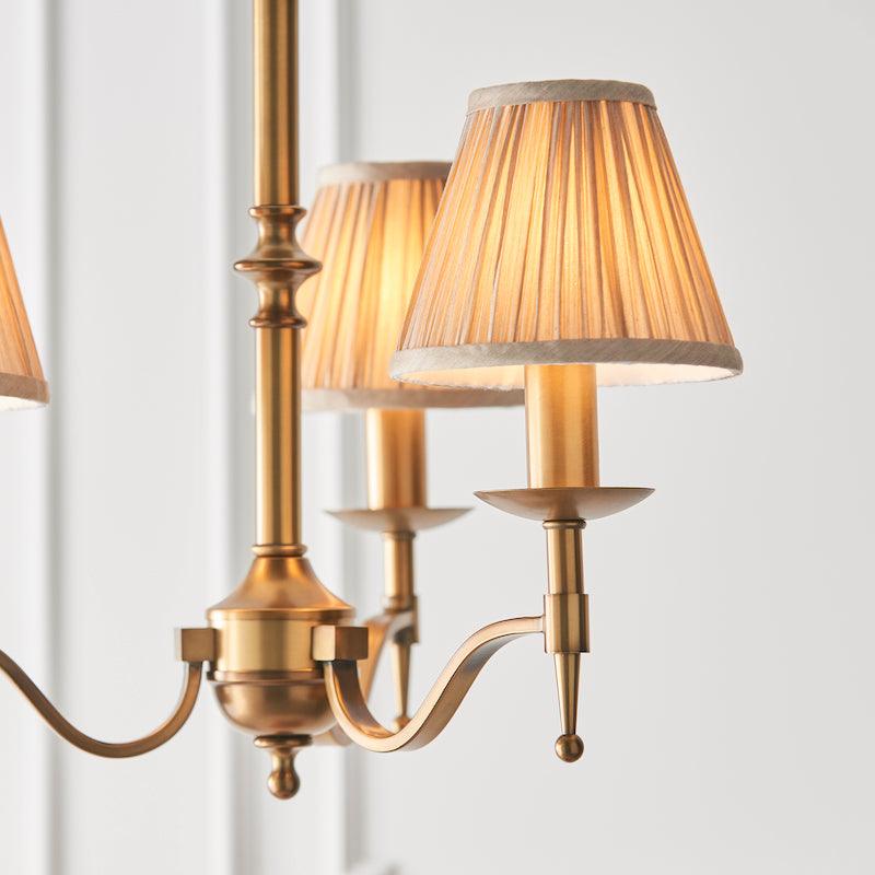 Traditional Ceiling Pendant Lights - Stanford 3 Light Antique Brass Chandelier With Beige Shades 63628 close up shde