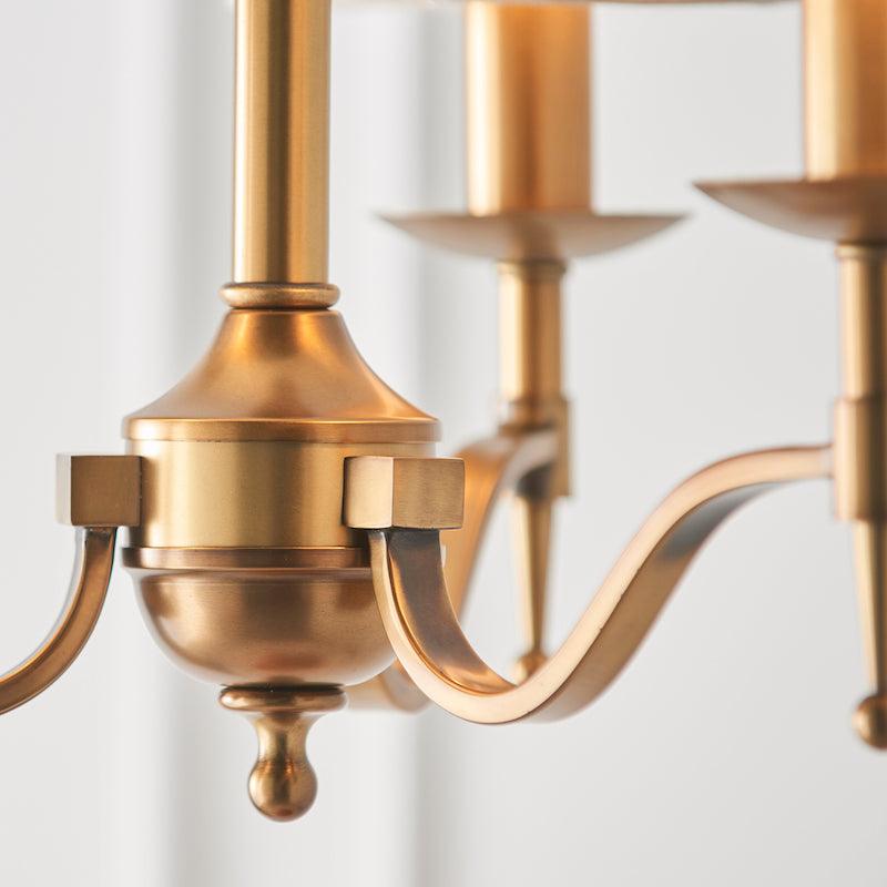 Traditional Ceiling Pendant Lights - Stanford 3 Light Antique Brass Chandelier With Beige Shades 63628 finish close up
